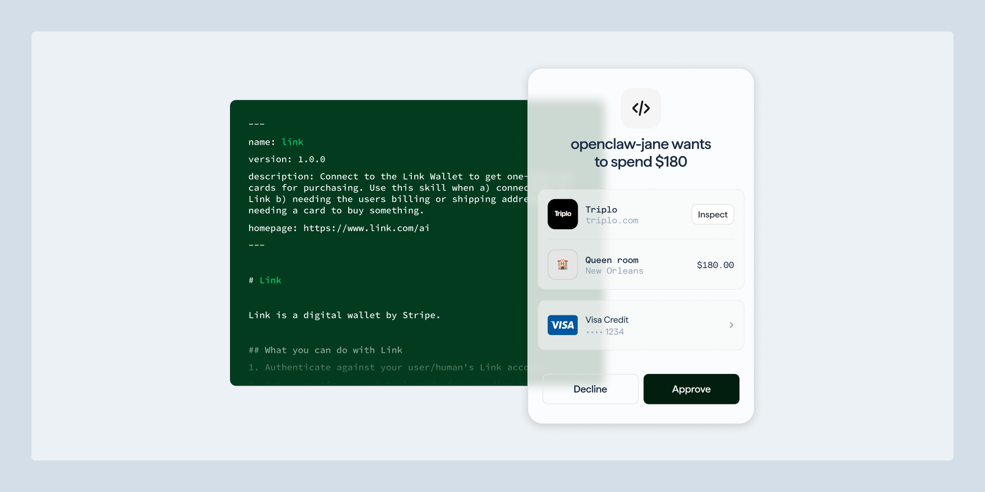 A graphic illustrating AI agents interacting with a digital payment interface, showing secure connections and transaction approvals.