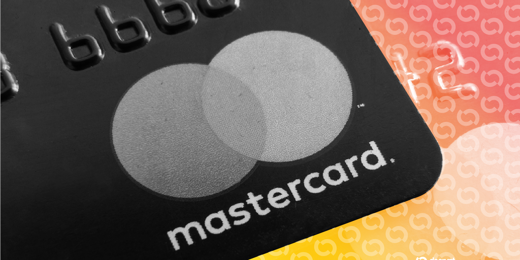Mastercard logo with abstract digital currency graphics