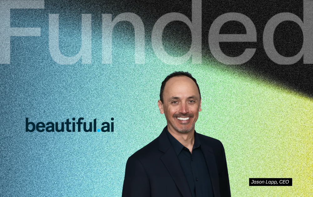 Beautiful.ai logo with a celebratory confetti graphic indicating funding