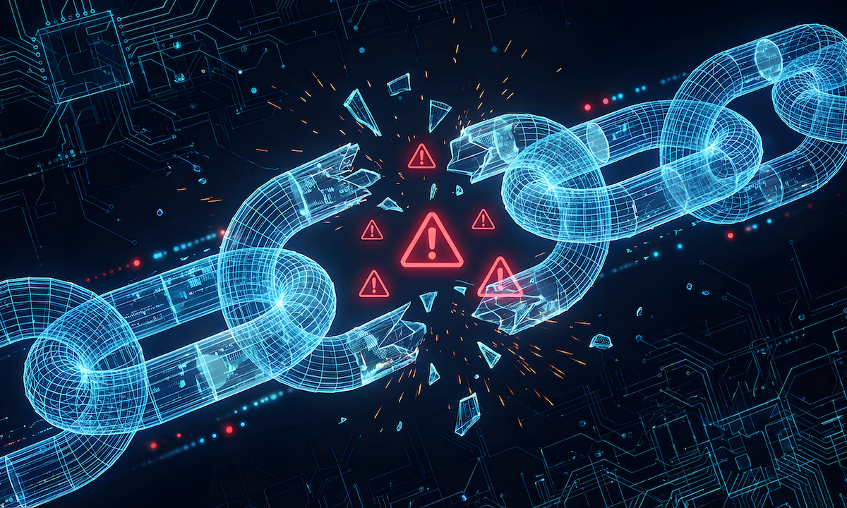 Abstract digital art depicting interconnected nodes and lines, representing a secure network being threatened.