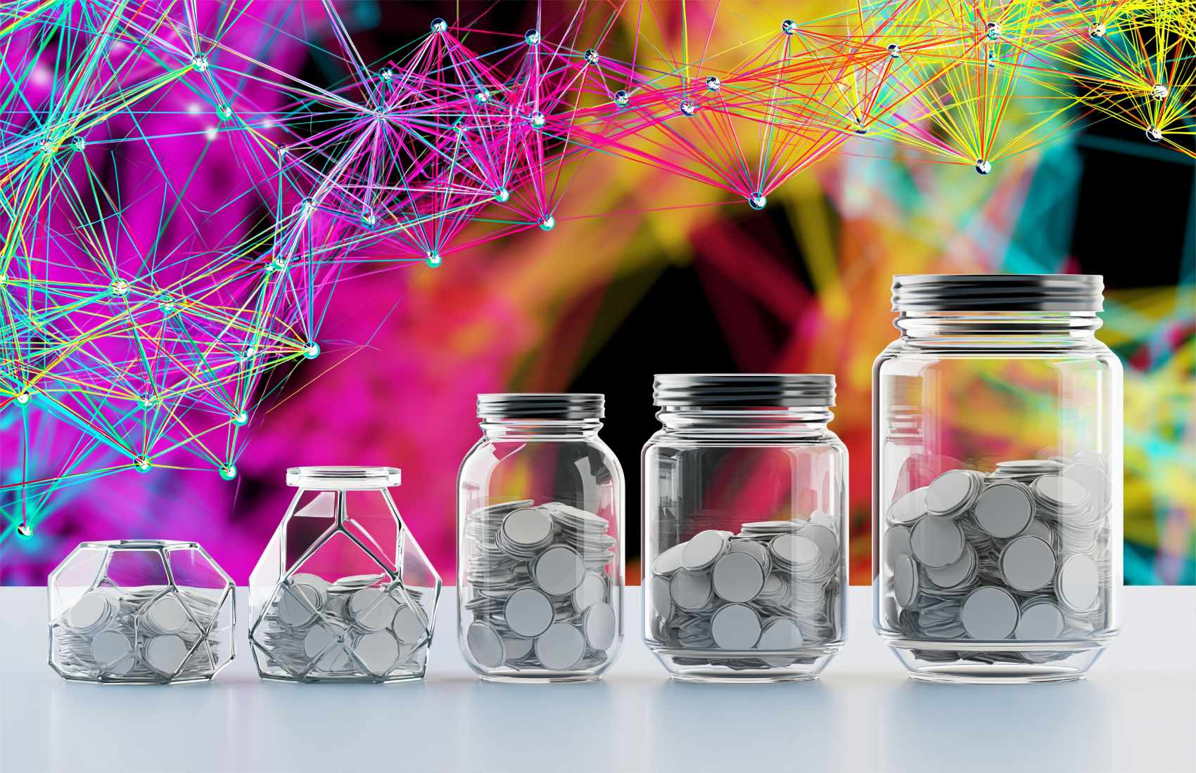 A graphic representing interconnected financial tokens.