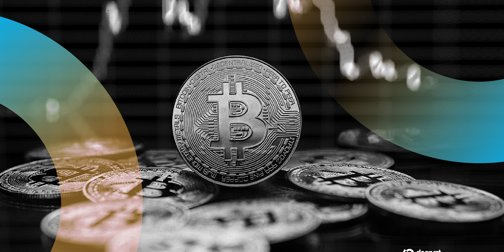 A graphic showing a downward-trending Bitcoin price chart superimposed with rising Treasury bond yield charts.