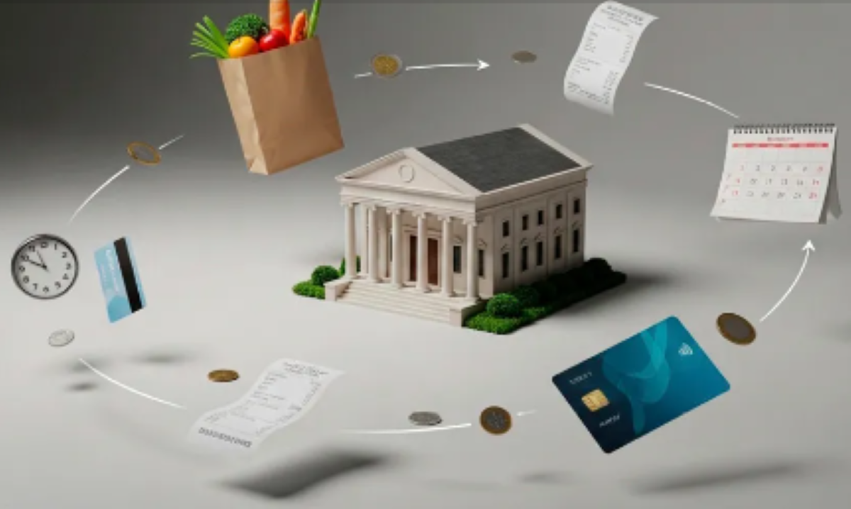 A credit union logo partially obscured by a graphic representing flexible payment options.