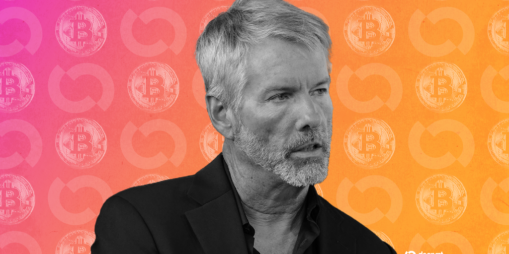Michael Saylor speaking at a conference, with Bitcoin logos visible.