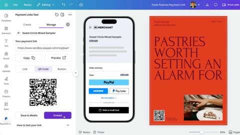 PayPal and Canva integration showing payment link in graphic design