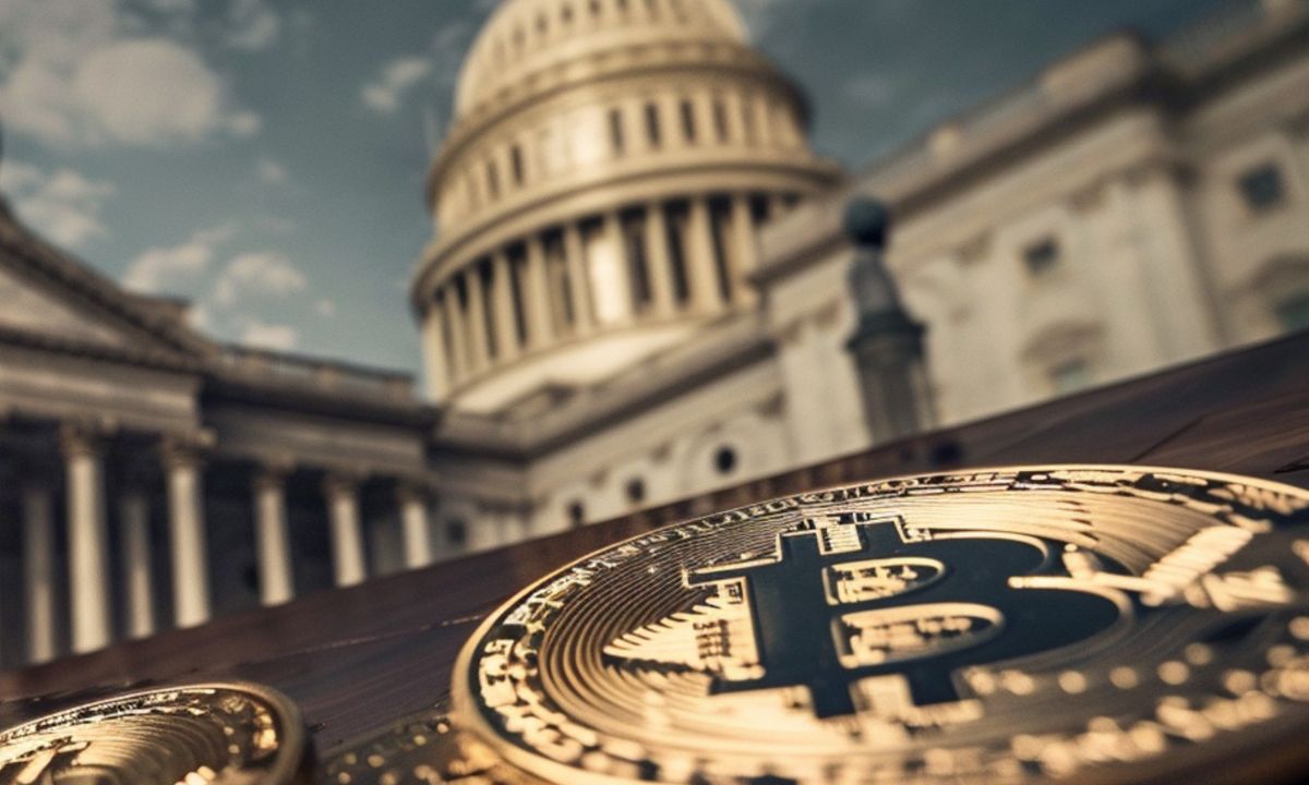 US Capitol Building with digital currency symbols superimposed.