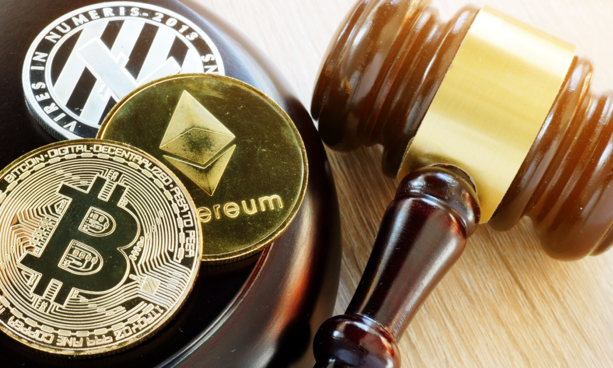 A gavel striking a blockchain node.