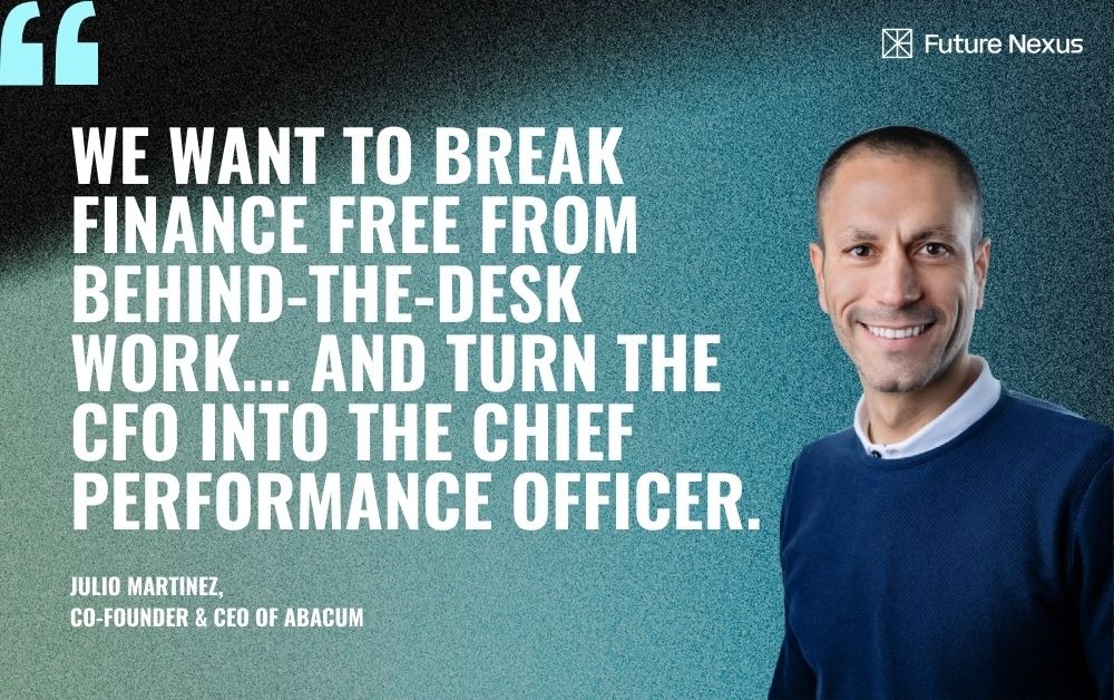 Illustration of a CFO figure interacting with dynamic financial data visualizations powered by AI.