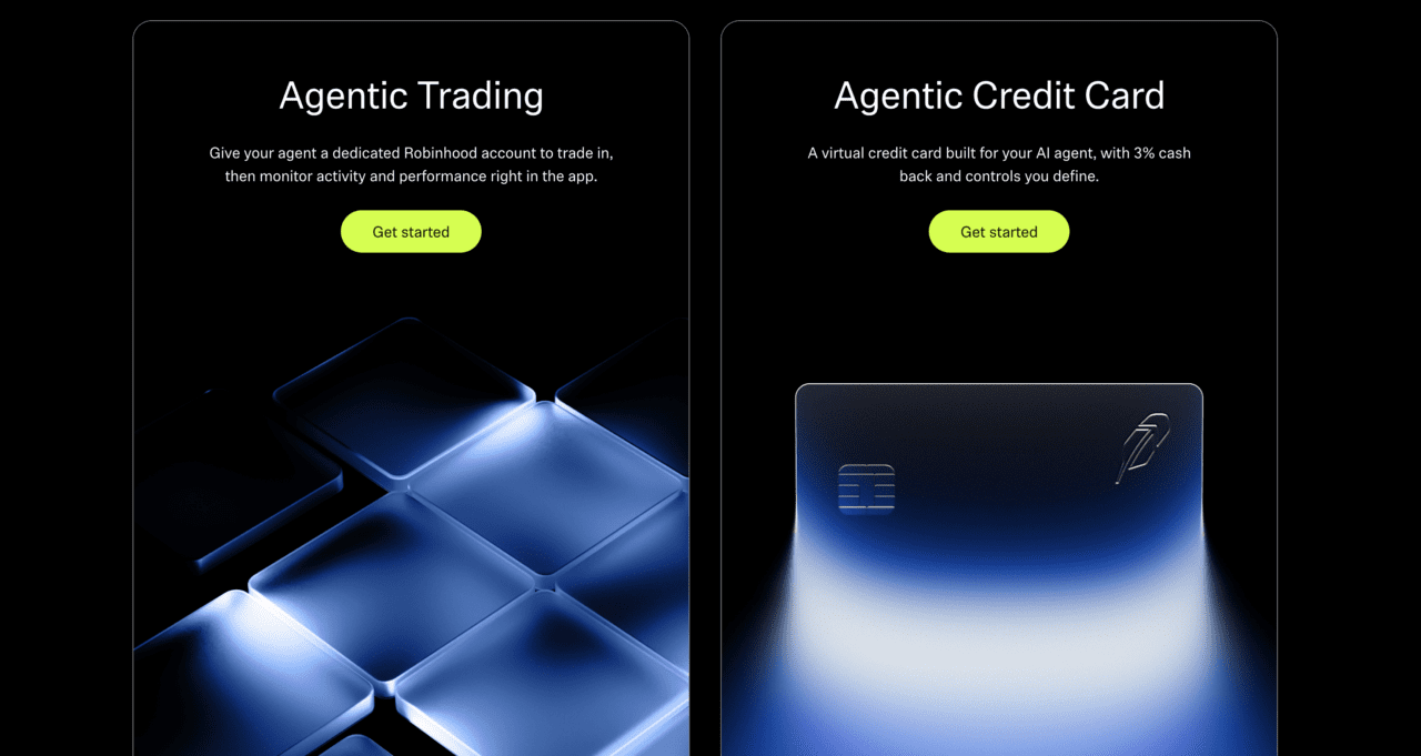 Illustration of a smartphone screen displaying Robinhood app with AI agent icons and financial charts.