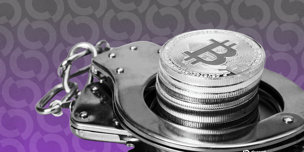 New South Wales Police officers standing near a police car with a Bitcoin logo superimposed.