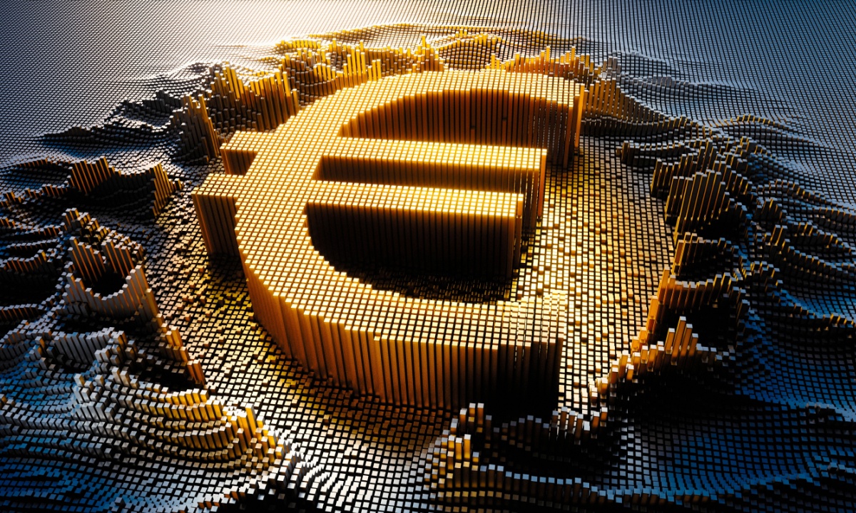 A graphic depicting a stylized euro symbol with digital circuits, overlaid on a background of European bank buildings.