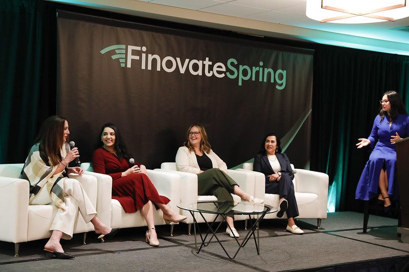 Female fintech founders preparing to demo on stage at FinovateSpring 2026 in San Diego
