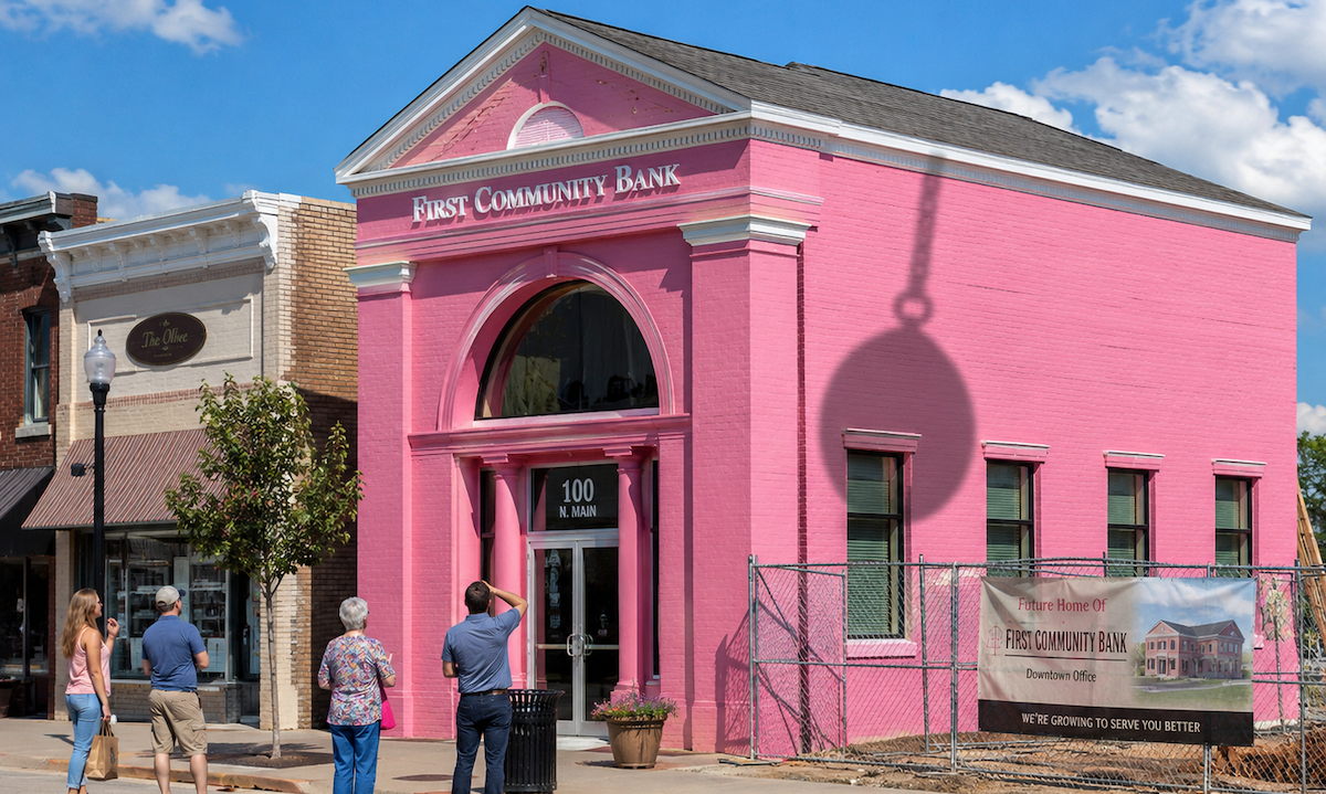 A vibrant pink building, formerly a bank, with a graffiti mural, hinting at its transformation.