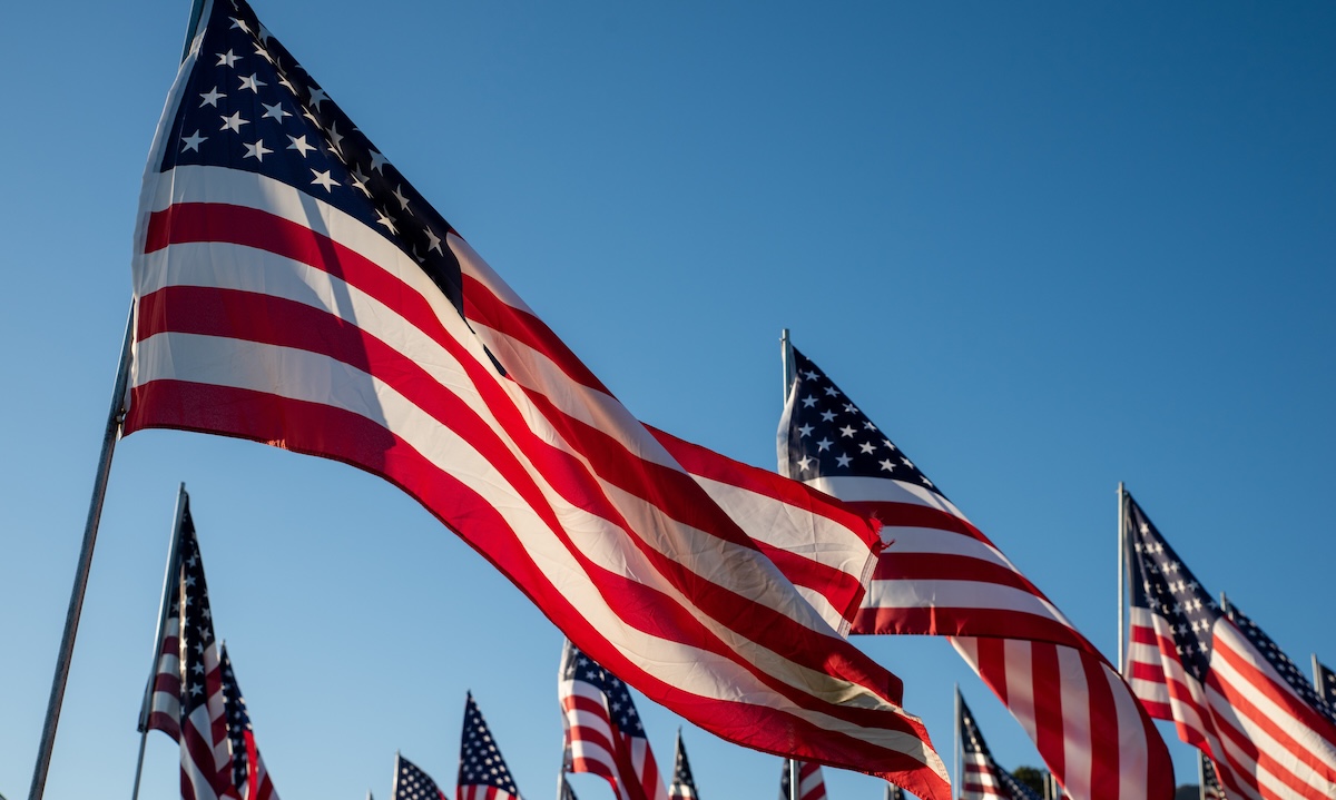 A blurred image of a shopping cart filled with appliances and furniture, with a faint American flag in the background.