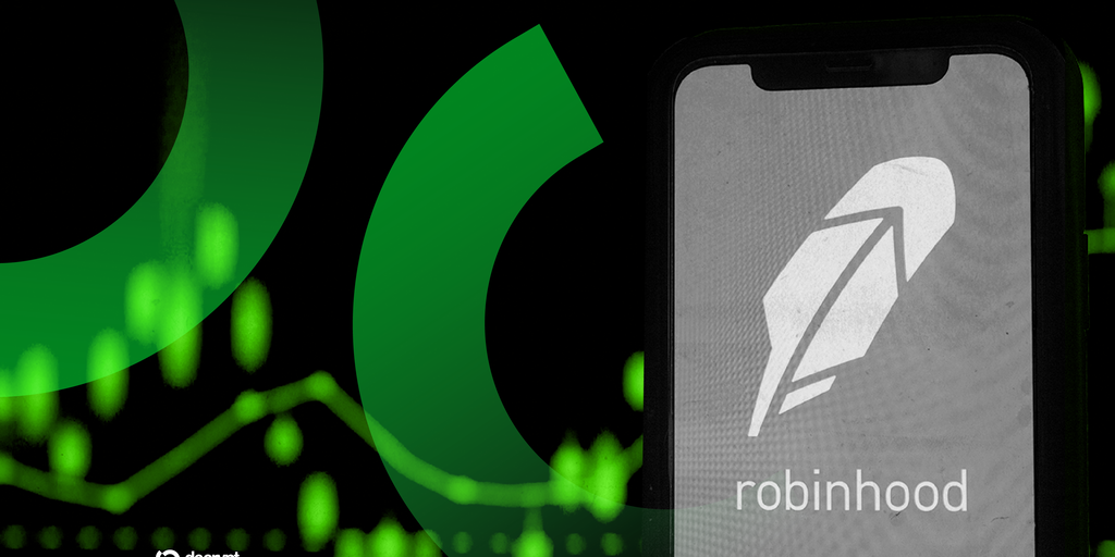 A hand holding a smartphone displaying the Robinhood app, with glowing AI circuits superimposed.
