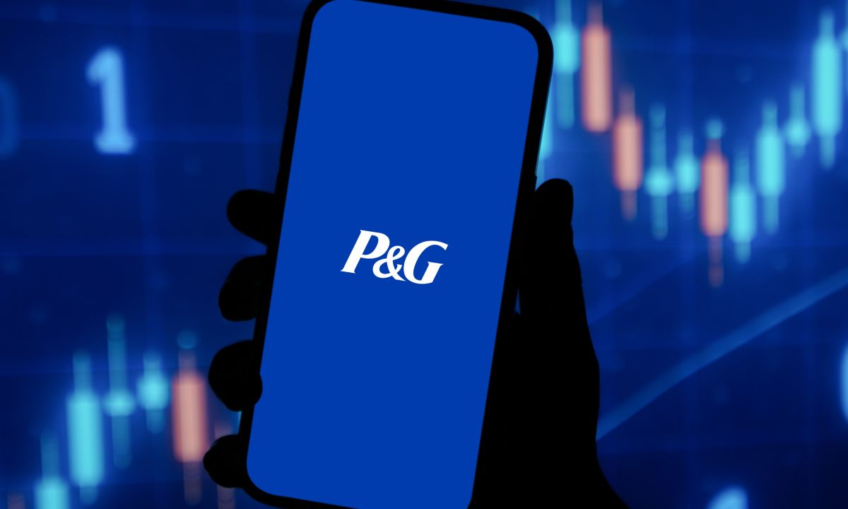 A split image showing a P&G product shelf on one side and a futuristic data visualization on the other, representing the integration of technology.