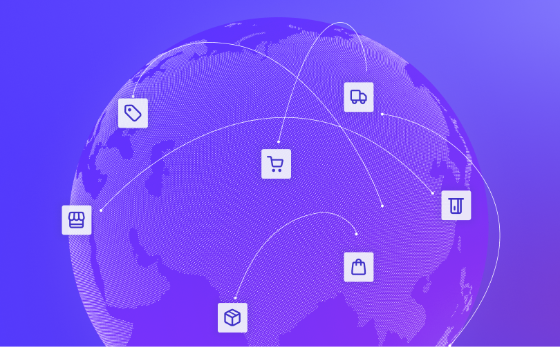 A futuristic depiction of a checkout interface with glowing icons for digital wallets and AI assistants.
