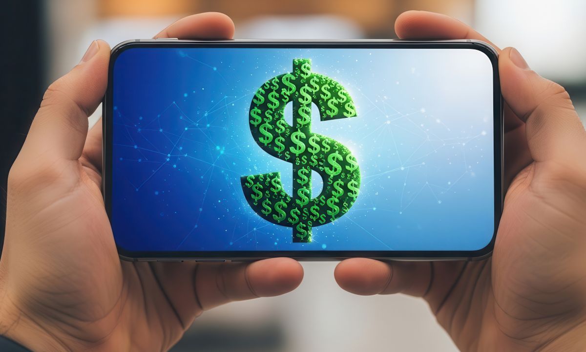 A hand holding a smartphone displaying a credit card app interface, with a blurred background of wallet icons.