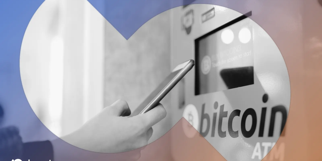 Screenshot of a CoinFlip Bitcoin ATM machine with a blurred background.
