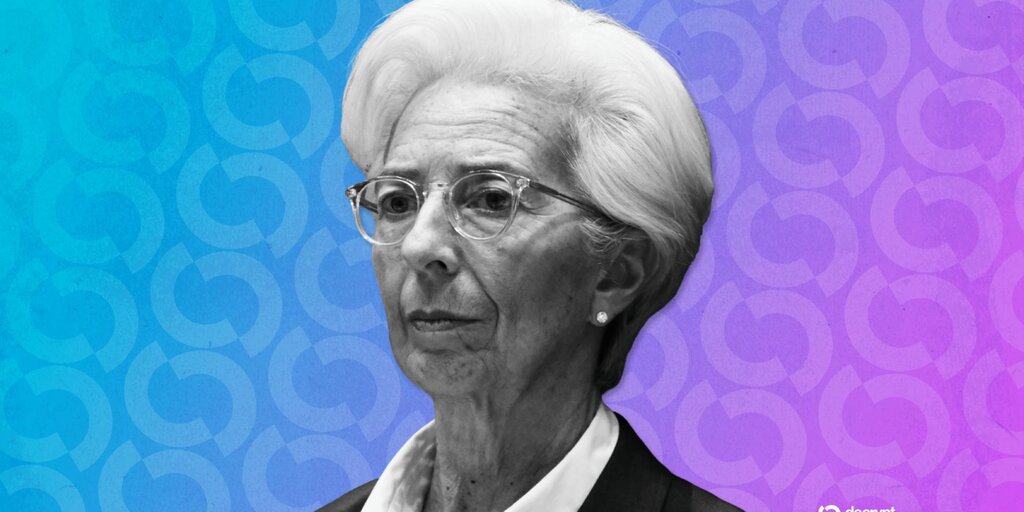 ECB President Christine Lagarde speaking at a podium.