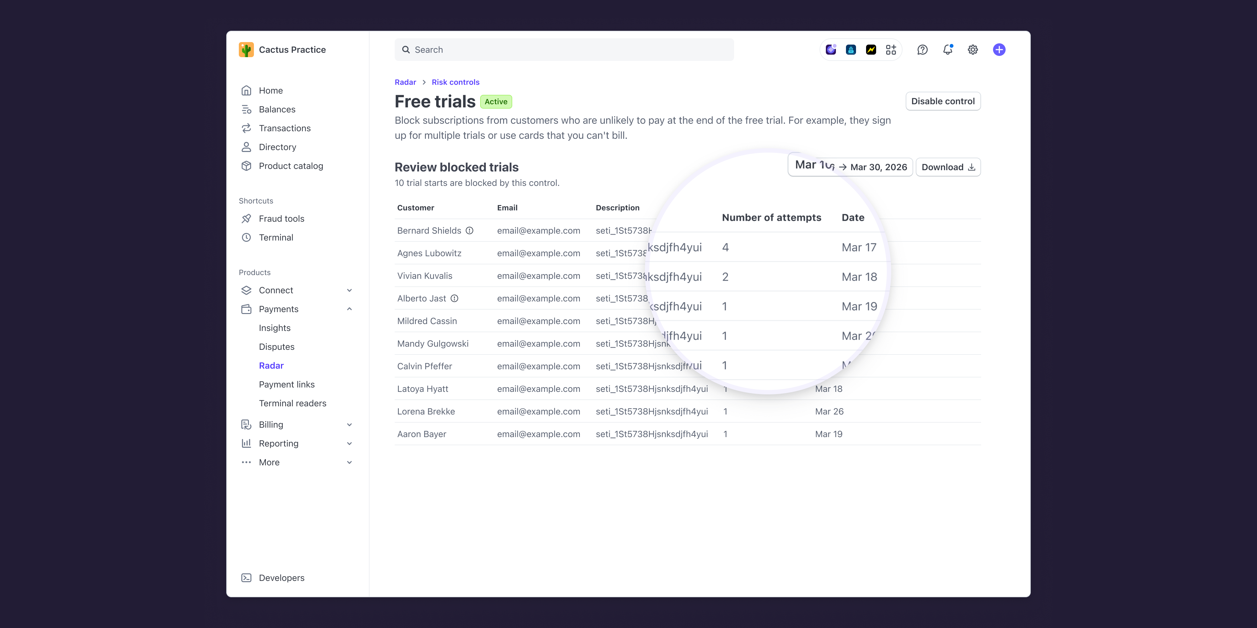 A screenshot of Stripe Radar's analytics page showing blocked high-risk payments.